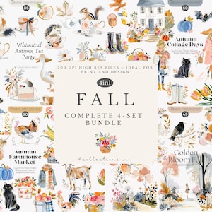 fall watercolor clipart bundle, whimsical autumn tea party, golden bloom fall, autumn cottage days, cozy watercolor animals set, fall set