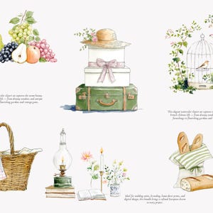May include: Watercolor illustrations of French countryside scenes. Includes a picnic basket, fruit, a birdcage, a stack of suitcases with a hat, a lamp, flowers, bread, and text that reads "This elegant watercolor clipart..."