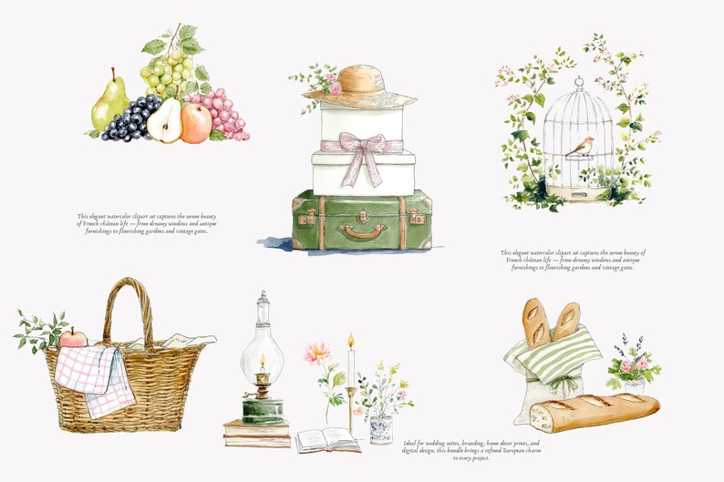 May include: Watercolor illustrations of French countryside scenes. Includes a picnic basket, fruit, a birdcage, a stack of suitcases with a hat, a lamp, flowers, bread, and text that reads "This elegant watercolor clipart..."