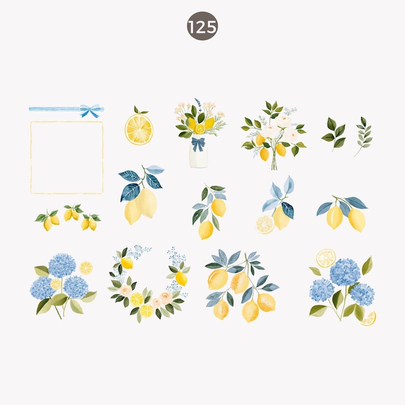 May include: Watercolor illustrations of lemons, blue hydrangeas, and floral arrangements. Includes a square frame with a blue ribbon, lemon slices, and bouquets in a variety of styles. The number "125" is in a circle.