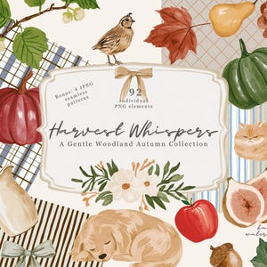 May include: A digital collection titled Harvest Whispers featuring 92 watercolor elements including pumpkins, a cat, a dog, a bird, fruits, leaves, and patterns. The central label displays the text Harvest Whispers A Gentle Woodland Autumn Collection.