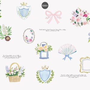 以下が含まれることがあります： 水彩イラストで描かれた、様々な花柄と装飾要素。ピンクのリボン、花束、扇子、王冠付きの盾、シャンパングラスが含まれています。「100+」と書かれたテキストがあります。