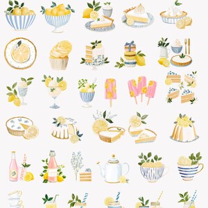 May include: Watercolor illustrations of various lemon-themed treats and beverages. Includes bowls of lemons, slices of pie, cupcakes, cake, ice cream, popsicles, lemonade, and a teapot. The number "125" is in the top center.