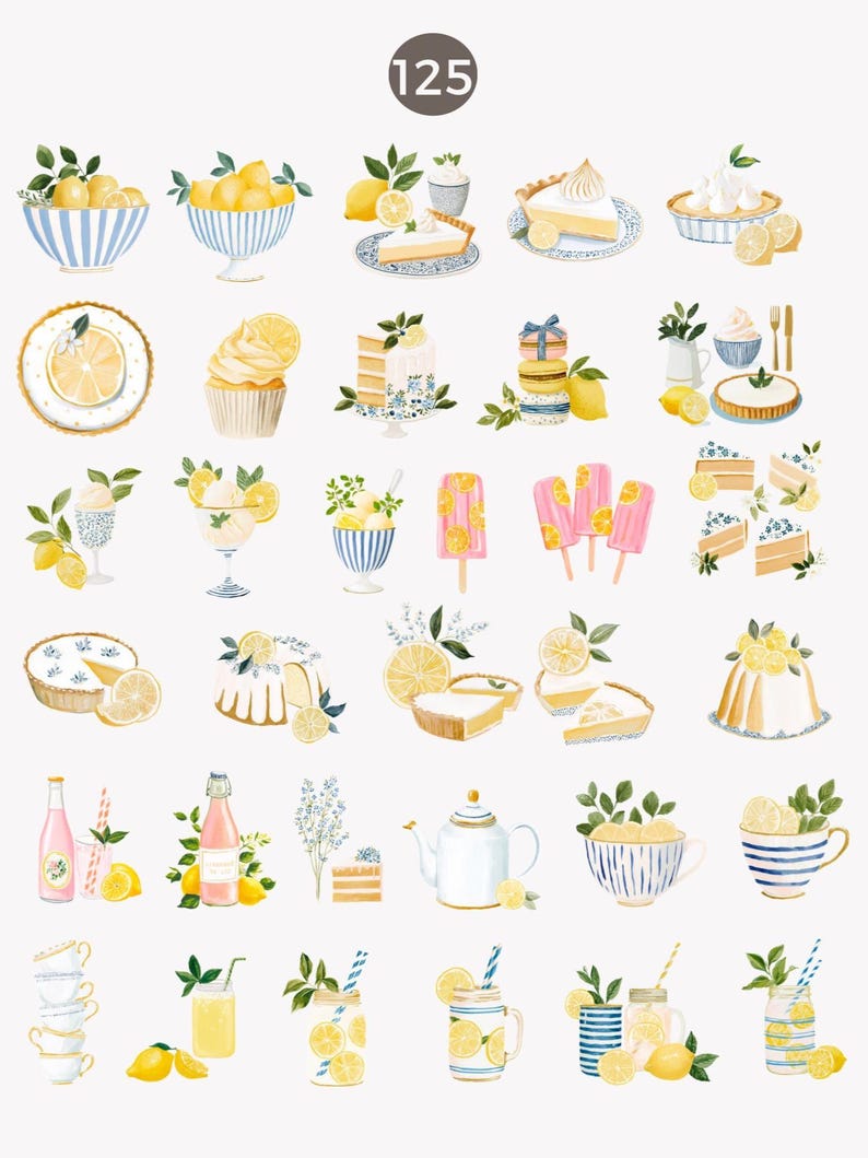 May include: Watercolor illustrations of various lemon-themed treats and beverages. Includes bowls of lemons, slices of pie, cupcakes, cake, ice cream, popsicles, lemonade, and a teapot. The number "125" is in the top center.