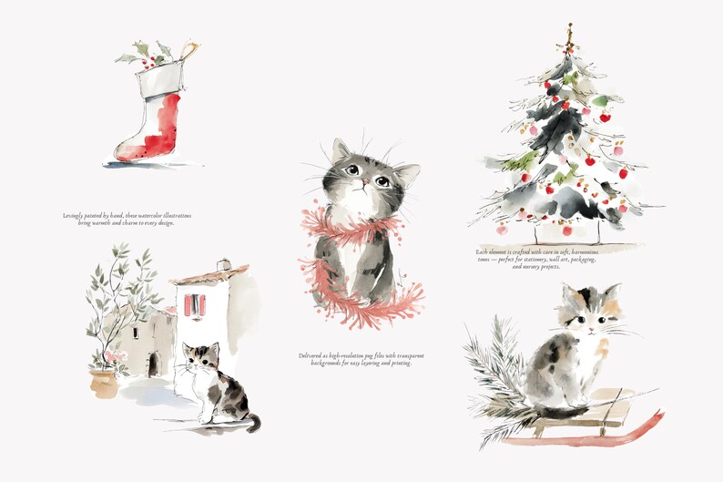watercolor christmas kitten clipart set, cozy holiday cats, festive winter kittens, cute watercolor pet illustrations for cards & crafts image 5