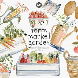 Könnte beinhalten: Aquarellillustration von frischem Gemüse vom Bauernhof, darunter Tomaten, Karotten und Kartoffeln, angeordnet in rustikalen Körben und Behältern. Eine Gießkanne und der Text "farm market garden" sind ebenfalls abgebildet.