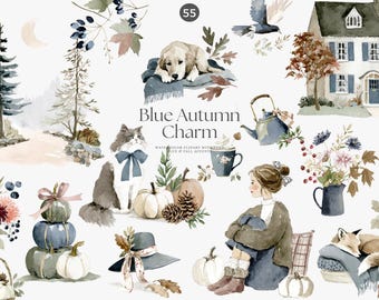 May include: A watercolour illustration with a blue and autumnal theme. The image includes a dog, cat, pumpkins, a house, and a woman. The colour palette features shades of blue, brown, and white, evoking a cosy, seasonal feel.