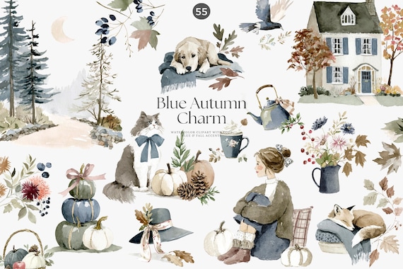 watercolor clipart, autumn clipart, fall clipart, cozy clipart, blue clipart, vintage clipart, cottagecore clipart, floral clipart, pumpkin