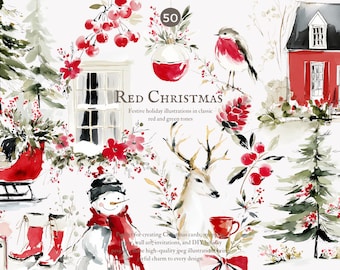 festive red winter watercolor clipart , snowman, and holiday elements in blue and blush tones, winter clipart, red Christmas set, holiday