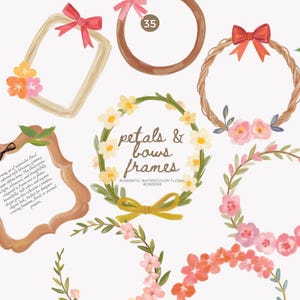 May include: Watercolor floral frames and bows in various shapes and colors. Includes wreaths, rectangular frames, and circular designs, adorned with flowers and ribbons. The text "petals & bows frames" is also visible.