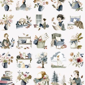 May include: Watercolor clipart featuring cozy blue and fall accents. The image includes illustrations of floral arrangements, people reading, a dog, a bench, a bed, and other autumn-themed elements. The text at the bottom reads "Watercolor Clipart with Cozy Blue & Fall Accents."