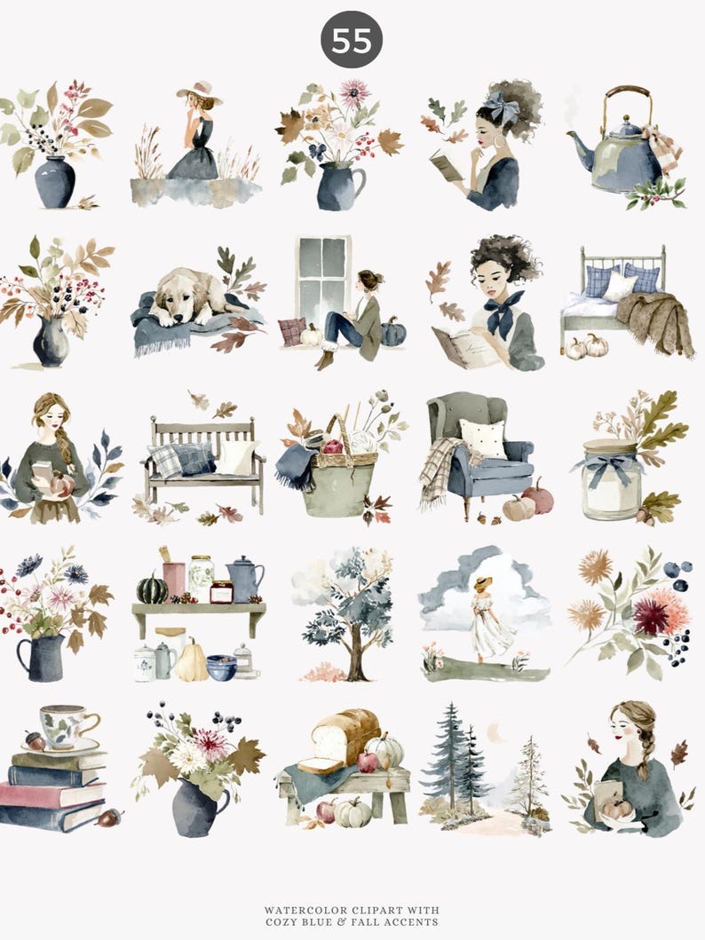 May include: Watercolor clipart featuring cozy blue and fall accents. The image includes illustrations of floral arrangements, people reading, a dog, a bench, a bed, and other autumn-themed elements. The text at the bottom reads "Watercolor Clipart with Cozy Blue & Fall Accents."