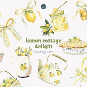 Op de afbeelding: Waterverfillustraties van citroen-thema-items, waaronder een donut, strikken, een pot jam, een taart, een cake, een kom met slagroom, een kan, een theepot en een mand. De tekst "lemon cottage delight" is ook aanwezig.