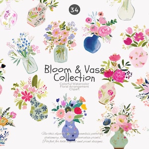 Peut inclure: Collection de cliparts floraux à l'aquarelle avec divers vases remplis de fleurs colorées. L'image comprend le texte "Bloom & Vase Collection" et convient aux créations numériques et imprimées.