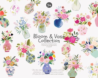 watercolor floral vase clipart bundle, vintage ceramic flower arrangements, colorful cottagecore blooms png, grandmillennial decor art