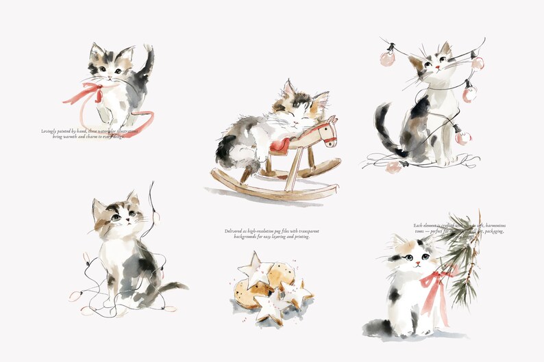 watercolor christmas kitten clipart set, cozy holiday cats, festive winter kittens, cute watercolor pet illustrations for cards & crafts image 6