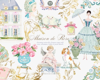 watercolor rococo clipart set, pastel chateau illustrations with french florals, vintage frames, ladies, ornaments, gold accents, roses