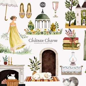 Aquarell Clipart - PNG Illustration - Cottagecore Ästhetik - romantische Tiere - Schlosselemente - französisches Dekor - gemütliches Zuhause - Indoor png