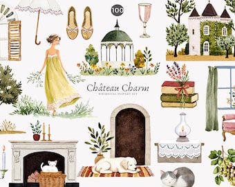 watercolor clipart - png illustration - cottagecore aesthetic - romantic animals - chateau elements - french decor - cozy home - indoor png