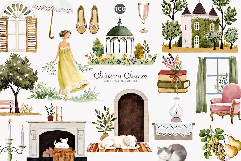 May include: Watercolor clipart set featuring a variety of whimsical illustrations. Includes a woman in a yellow dress, a gazebo, a castle, books, a fireplace, a cat, and other decorative elements. The text "Ch&acirc;teau Charm" is also present.