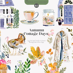 Puede incluir: Ilustraci&oacute;n en acuarela con escenas de casas de campo oto&ntilde;ales. Incluye una casa, una taza de t&eacute;, una vela, una puerta, una manzana, una bufanda, un pavo, un abrigo y arreglos florales. El texto dice "Autumn Cottage Days".
