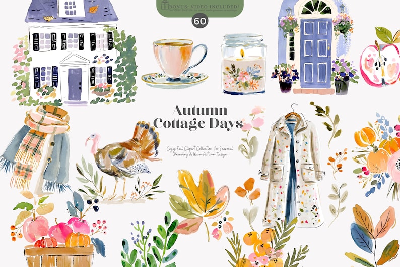 Puede incluir: Ilustraci&oacute;n en acuarela con escenas de casas de campo oto&ntilde;ales. Incluye una casa, una taza de t&eacute;, una vela, una puerta, una manzana, una bufanda, un pavo, un abrigo y arreglos florales. El texto dice "Autumn Cottage Days".