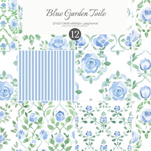 Patrón de acuarela - toile floral - rosas azules - estilo vintage - fondo sin costuras - papel digital - jardín francés - ilustración de rosas