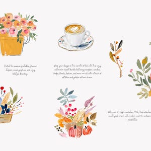 Puede incluir: Ilustraciones en acuarela de elementos con tem&aacute;tica oto&ntilde;al, incluyendo un ramo de flores en un cubo amarillo, una taza de caf&eacute;, una vela encendida y arreglos de calabazas y ma&iacute;z. Las im&aacute;genes tienen un estilo art&iacute;stico suave.