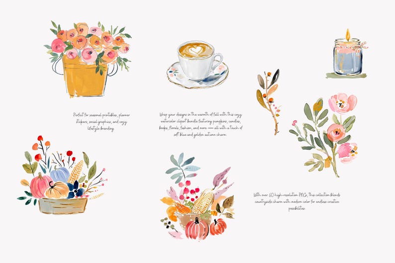 Puede incluir: Ilustraciones en acuarela de elementos con tem&aacute;tica oto&ntilde;al, incluyendo un ramo de flores en un cubo amarillo, una taza de caf&eacute;, una vela encendida y arreglos de calabazas y ma&iacute;z. Las im&aacute;genes tienen un estilo art&iacute;stico suave.