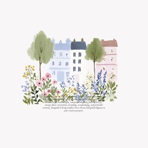May include: Watercolor illustration of Parisian buildings with trees and flowers in soft pastel colors. The image includes text that reads "brushstroke create a light, romantic storybook feels perfect for nursery decor, invitations, branding, scrapbooking, and printable artwork."