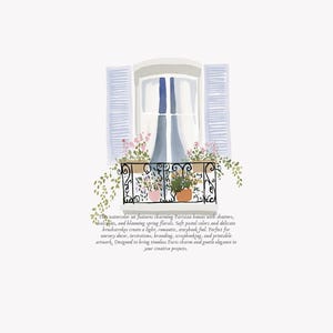 May include: Watercolor illustration of a Parisian balcony with blue shutters, a wrought-iron railing, and blooming flowers in pots. The image has a soft, pastel color palette and a romantic feel.