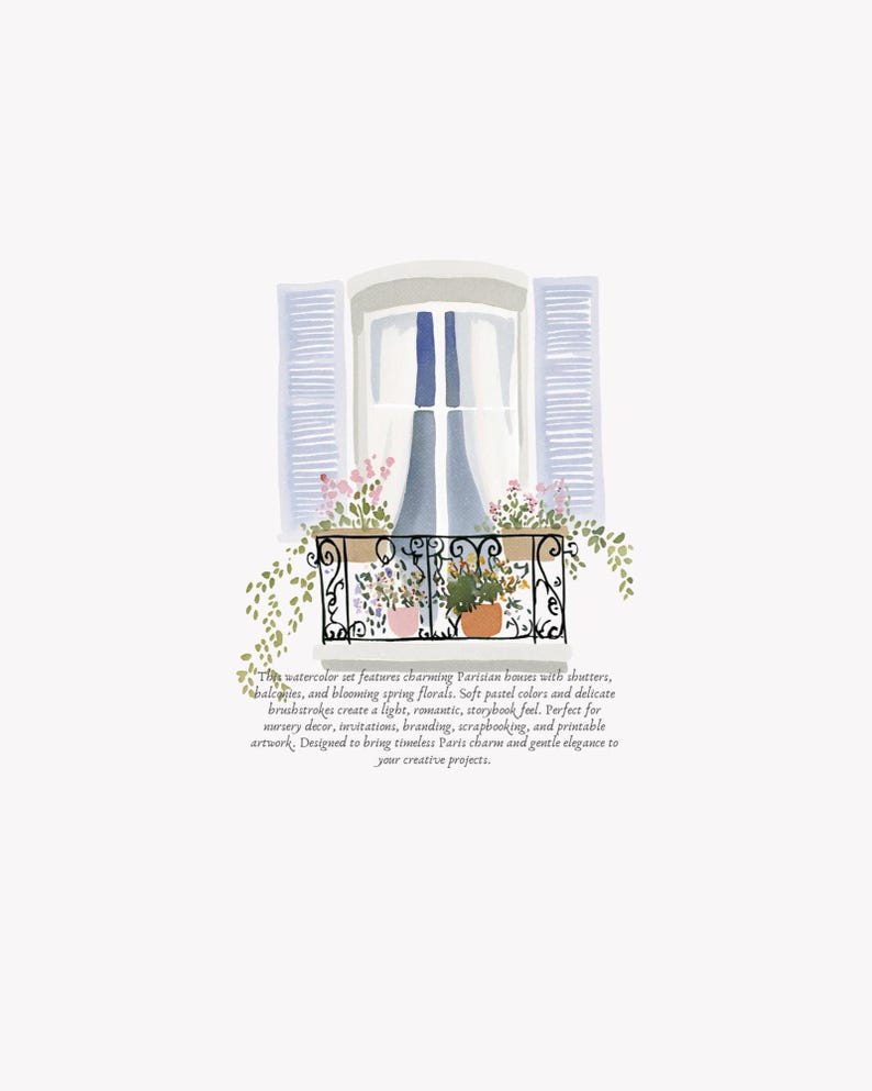 May include: Watercolor illustration of a Parisian balcony with blue shutters, a wrought-iron railing, and blooming flowers in pots. The image has a soft, pastel color palette and a romantic feel.