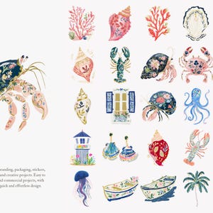 May include: Watercolor illustrations of various sea creatures and nautical elements, including a crab, seashells, coral, and a lobster. The crab is navy blue with floral accents. The image is perfect for invitations and creative projects.