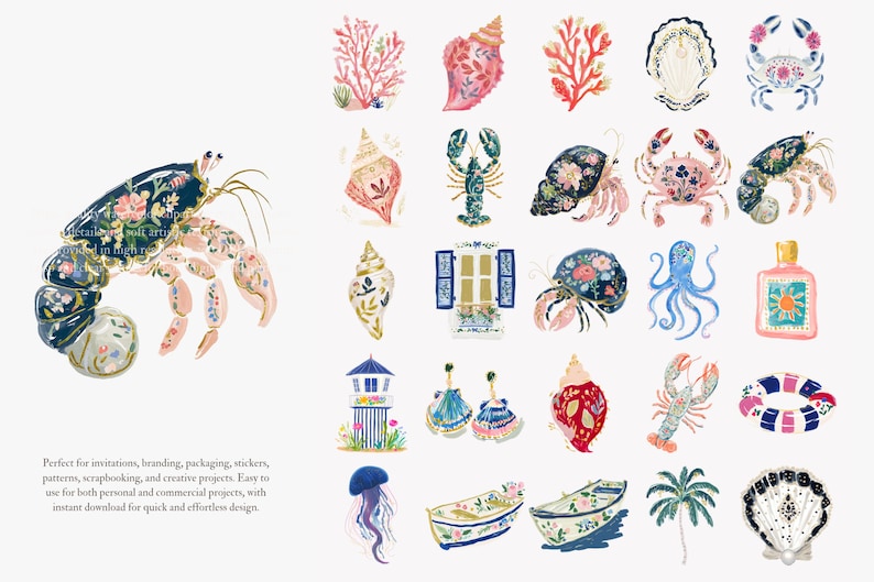 May include: Watercolor illustrations of various sea creatures and nautical elements, including a crab, seashells, coral, and a lobster. The crab is navy blue with floral accents. The image is perfect for invitations and creative projects.