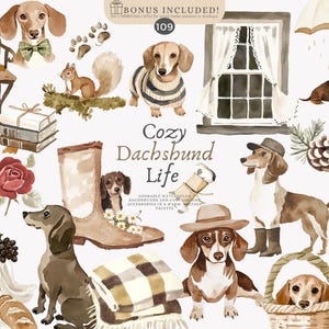 May include: Watercolor illustrations of dachshunds in various poses, with accessories like a sweater, hat, and boots. The image includes a window, umbrella, and text that reads "Cozy Dachshund Life."