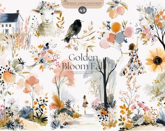 Conjunto de imágenes prediseñadas de otoño en acuarela: flores de otoño, calabazas e ilustraciones acogedoras de temporada, descarga instantánea, imágenes prediseñadas de otoño, imágenes prediseñadas de otoño, png