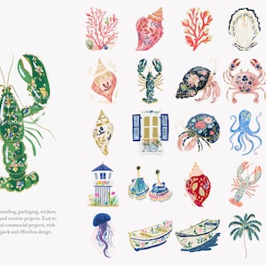 May include: Watercolor illustrations of marine life and coastal elements. Includes a green lobster, seashells, coral, crabs, an octopus, and a life preserver. The designs feature floral patterns and a bright color palette.