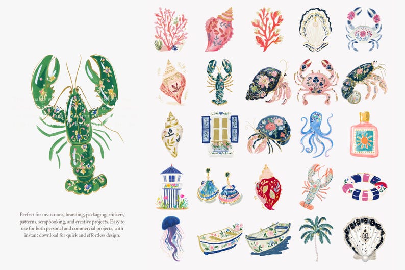 May include: Watercolor illustrations of marine life and coastal elements. Includes a green lobster, seashells, coral, crabs, an octopus, and a life preserver. The designs feature floral patterns and a bright color palette.