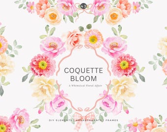coquette flowers – floral clipart – watercolor bloom – wedding florals – blush bouquet – pastel flowers – romantic frames – girly florals