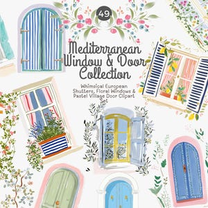Puede incluir: Ilustraciones en acuarela de ventanas y puertas mediterráneas. La colección incluye varios diseños con contraventanas, detalles florales y colores pastel. El texto dice "Mediterranean Window & Door Collection".