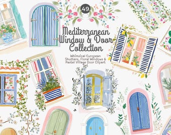 mediterranean window and door clipart bundle, pastel european village shutters png, italian coastal floral windows watercolor set