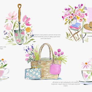 May include: Watercolor illustrations of gardening and leisure items. A shovel, flowers, a chair with a hat, a teacup, and a tote bag are depicted. The illustrations are in soft colors and are suitable for cards, prints, and creative designs.