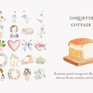 May include: Watercolor illustrations with a coquette cottage theme. The image features various elements, including animals, florals, and bread. Text reads "COQUETTE COTTAGE" and "Romantic pastel cottagecore illustrations with delicate florals, animals, and vintage charm."