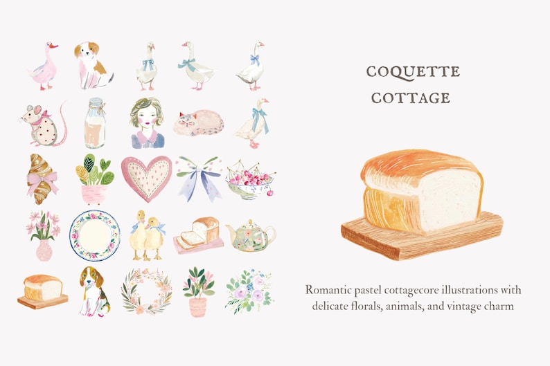 May include: Watercolor illustrations with a coquette cottage theme. The image features various elements, including animals, florals, and bread. Text reads "COQUETTE COTTAGE" and "Romantic pastel cottagecore illustrations with delicate florals, animals, and vintage charm."