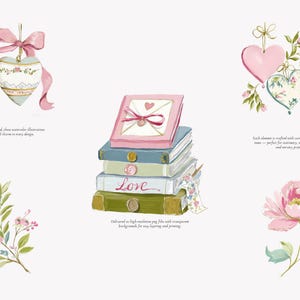 May include: Watercolor illustrations featuring hearts, books, and flowers in soft pastel colors. A stack of books has the word "Love" on one. A pink heart with a bow and a pink peony are also shown.