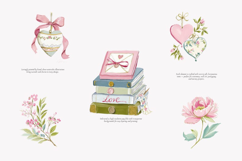 May include: Watercolor illustrations featuring hearts, books, and flowers in soft pastel colors. A stack of books has the word "Love" on one. A pink heart with a bow and a pink peony are also shown.