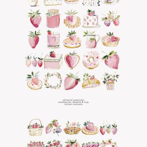 Puede incluir: Ilustraci&oacute;n en acuarela con fresas y postres. La imagen incluye una variedad de art&iacute;culos como pasteles, tartas, donuts y tarros de mermelada, todos adornados con fresas. El texto dice "whimsical watercolor strawberries, desserts & cozy kitchen moments."
