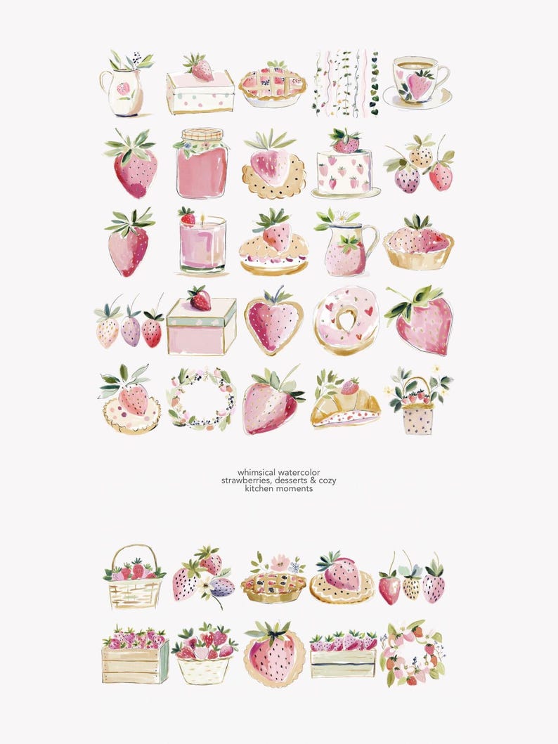 Puede incluir: Ilustraci&oacute;n en acuarela con fresas y postres. La imagen incluye una variedad de art&iacute;culos como pasteles, tartas, donuts y tarros de mermelada, todos adornados con fresas. El texto dice "whimsical watercolor strawberries, desserts & cozy kitchen moments."