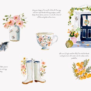 Puede incluir: Ilustraciones en acuarela con un murci&eacute;lago, flores, una taza de t&eacute;, botas de agua y una puerta principal con calabazas. La imagen tiene texto que dice: "Envuelva sus dise&ntilde;os en la calidez del oto&ntilde;o con este acogedor paquete de im&aacute;genes predise&ntilde;adas de acuarela."