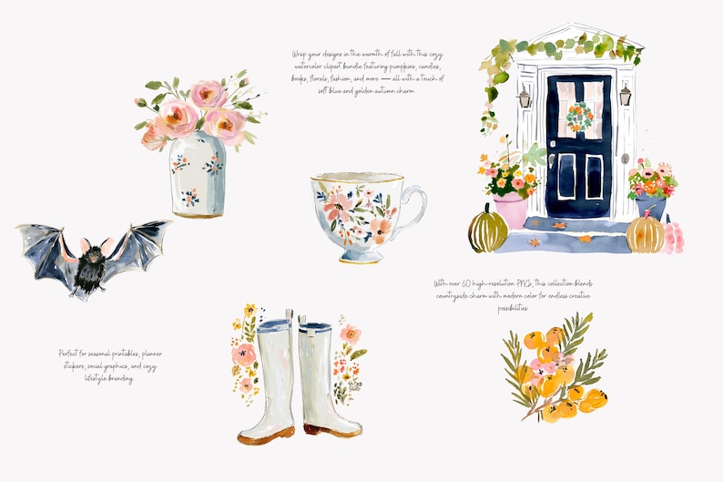 Puede incluir: Ilustraciones en acuarela con un murci&eacute;lago, flores, una taza de t&eacute;, botas de agua y una puerta principal con calabazas. La imagen tiene texto que dice: "Envuelva sus dise&ntilde;os en la calidez del oto&ntilde;o con este acogedor paquete de im&aacute;genes predise&ntilde;adas de acuarela."